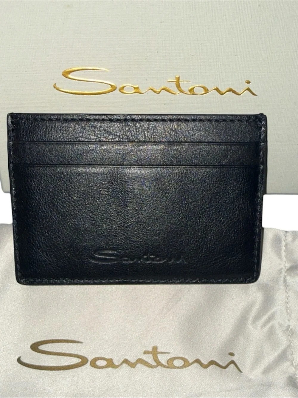 Santoni Black Leather Slim Card Holder